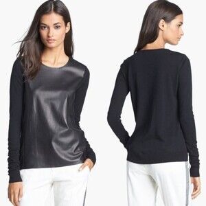 Vince Leather Front, Merino Wool Knit Back Pullover long sleeve sweater top XS